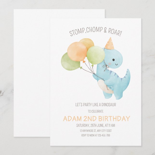 Invitation d'anniversaire de Dinosaur, minimaliste (Devant / Derrière)