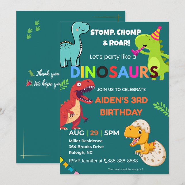 Invitation d'anniversaire de Dinosaur - modifiable (Devant / Derrière)