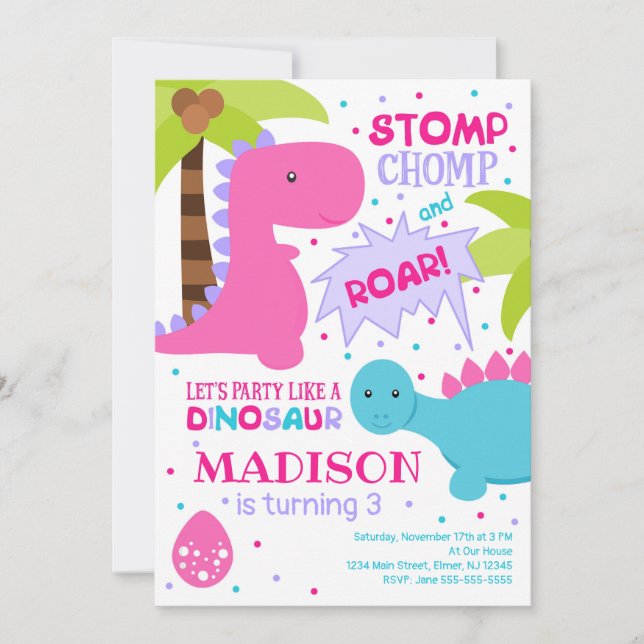 Invitation d'anniversaire de Dinosaur pour une fil (Devant)