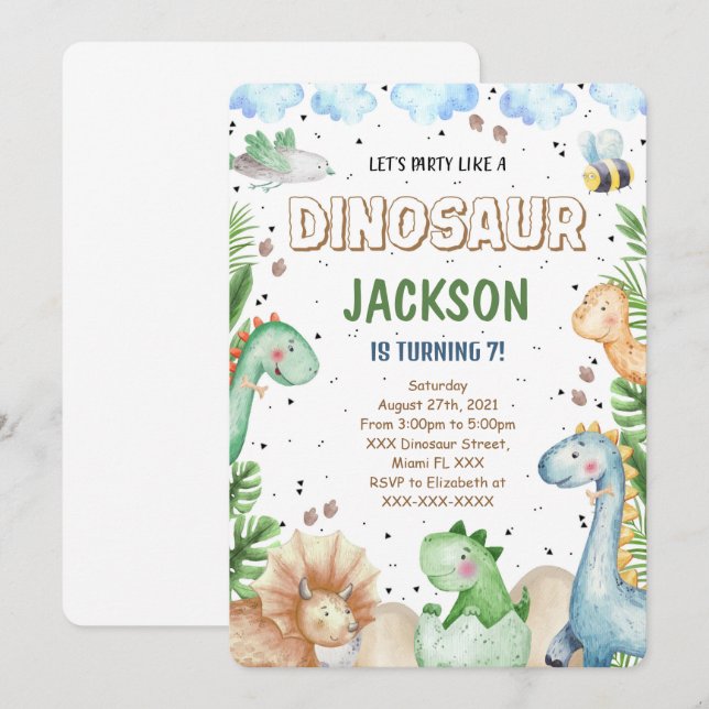 Invitation d'anniversaire de dinosaure (Devant / Derrière)