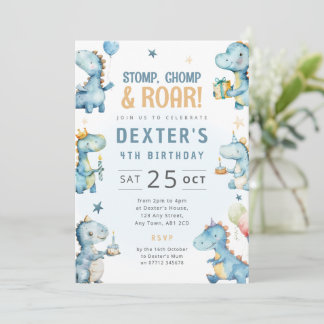 Invitation d'anniversaire de dinosaure bleu pour g