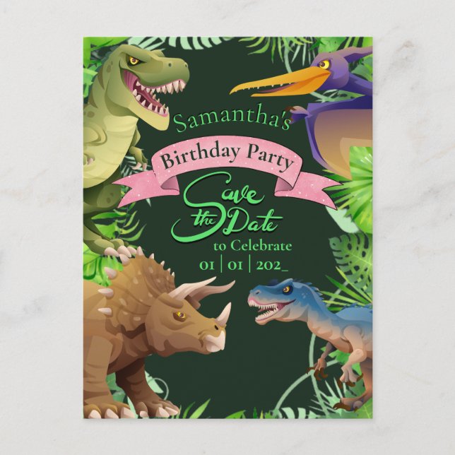 Invitation d'anniversaire de dinosaure de fille (Devant)