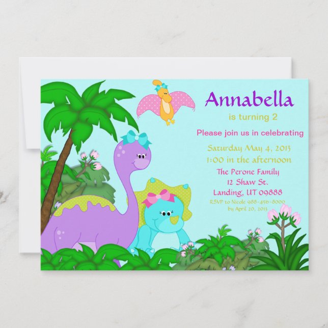 Invitation d'anniversaire de dinosaure de fille (Devant)