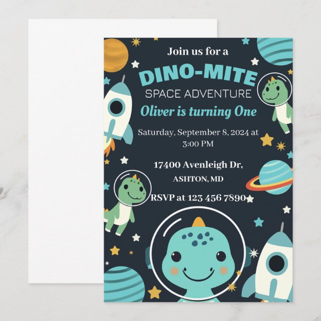invitation d'anniversaire de dinosaure de l'espace (Devant / Derrière)