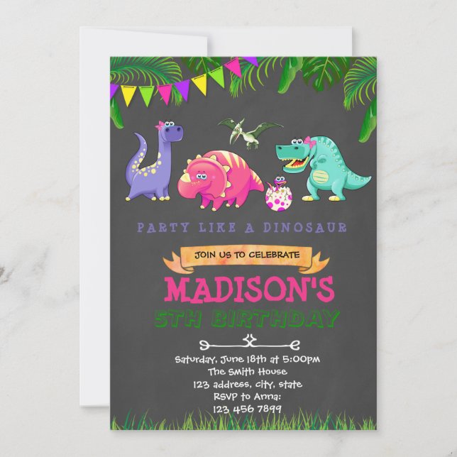 Invitation d'anniversaire de dinosaure fille (Devant)