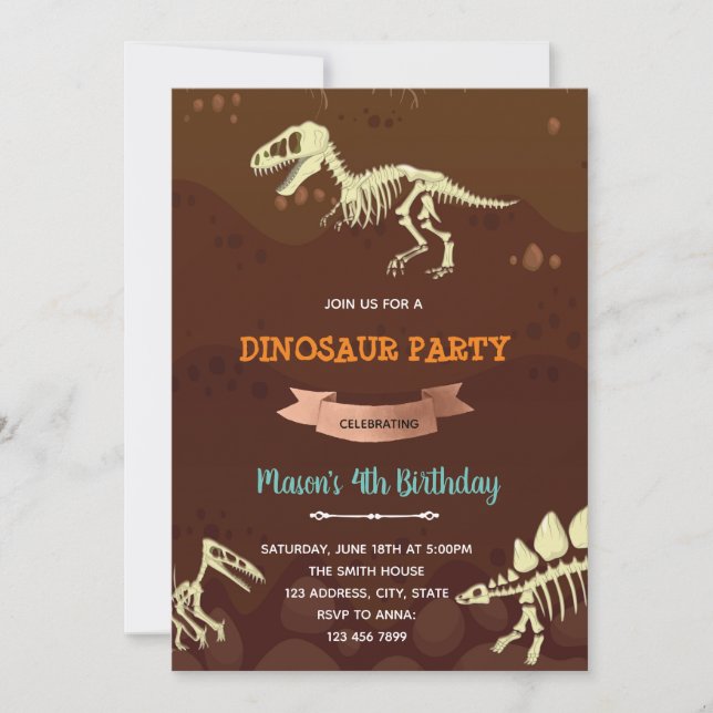 Invitation d'anniversaire de dinosaure fossile (Devant)