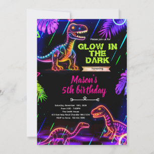 Invitation d'anniversaire de dinosaure néon lumine