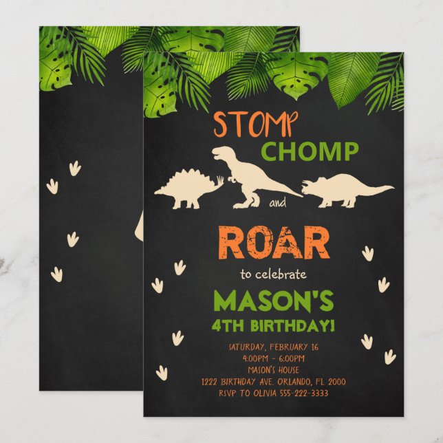 Invitation d'anniversaire de dinosaure noir (Devant / Derrière)