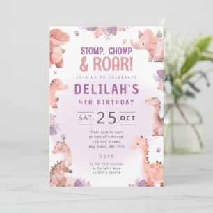 Invitation d'anniversaire de dinosaure rose pour f