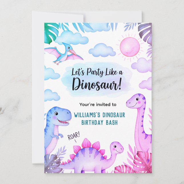 Invitation d'anniversaire de dinosaure rugissant (Devant)