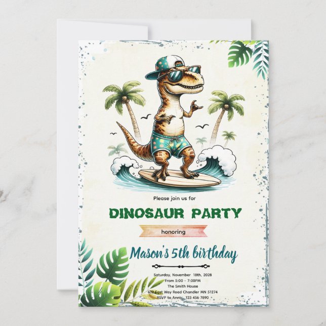 Invitation d'anniversaire de dinosaure surfeur  (Devant)