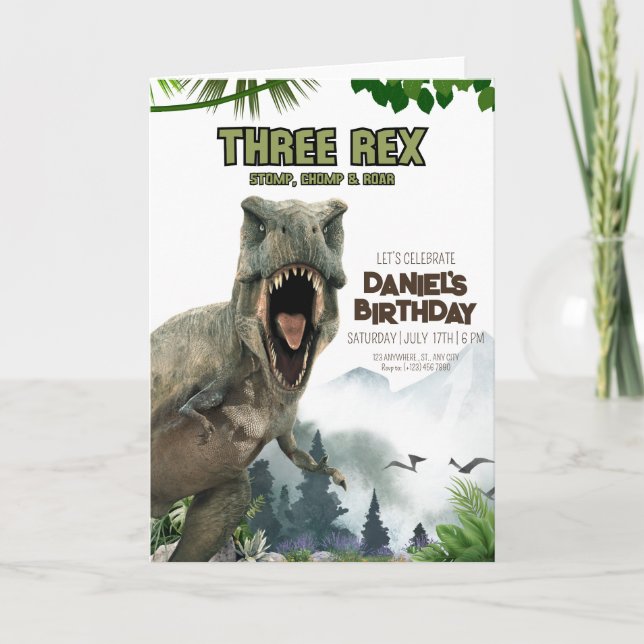 Invitation d'anniversaire de dinosaure Trois invit (Devant)