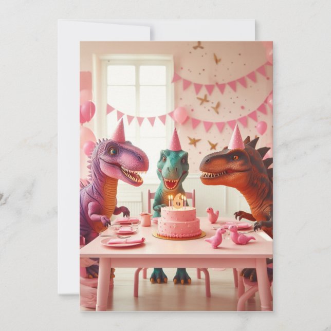 Invitation d'anniversaire de dinosaures roses, inv (Devant)