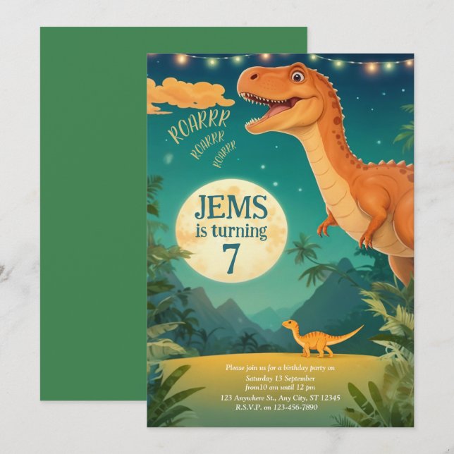 invitation d'anniversaire de dinosours, monde jura (Devant / Derrière)