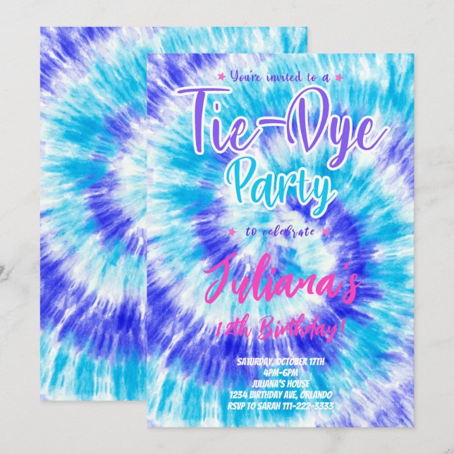 Invitation d'Anniversaire de enfant Blue Tiedye (Devant / Derrière)