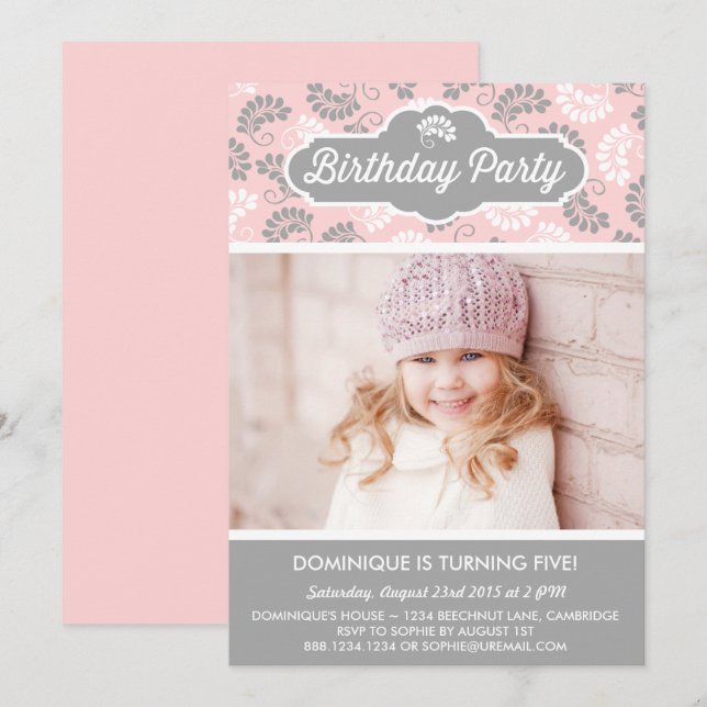 Invitation d'Anniversaire de enfant de photo rose  (Devant / Derrière)