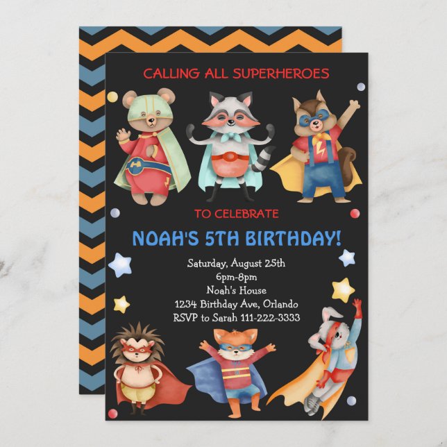 Invitation d'Anniversaire de enfant des superhéros (Devant / Derrière)