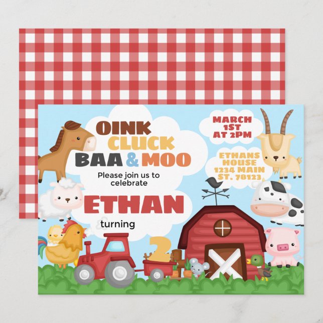 Invitation d'anniversaire de ferme (Devant / Derrière)