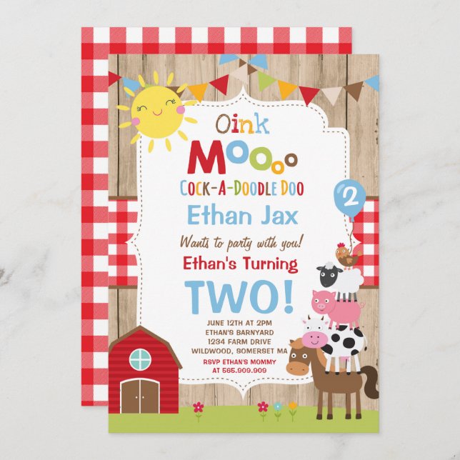 Invitation d'anniversaire de ferme Barnyard fête d (Devant / Derrière)