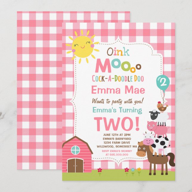 Invitation d'anniversaire de ferme Barnyard fête d (Devant / Derrière)