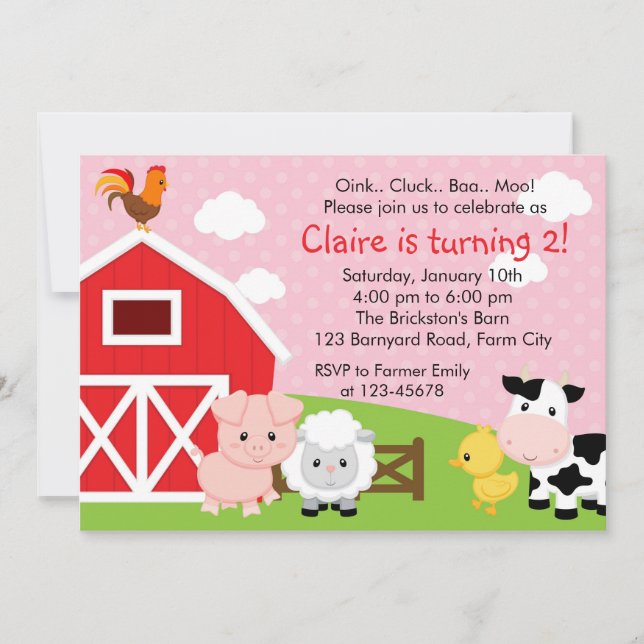 Invitation d'anniversaire de ferme - Fille (rose)  (Devant)