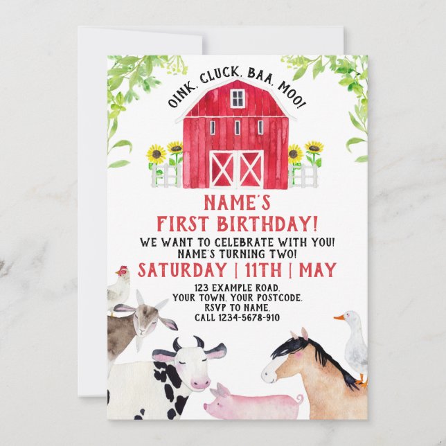 Invitation d'anniversaire de ferme, Garçon Fête An (Devant)