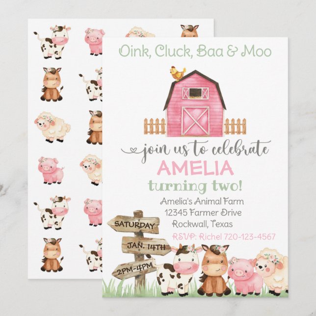 Invitation d'anniversaire de ferme, Invitation de  (Devant / Derrière)