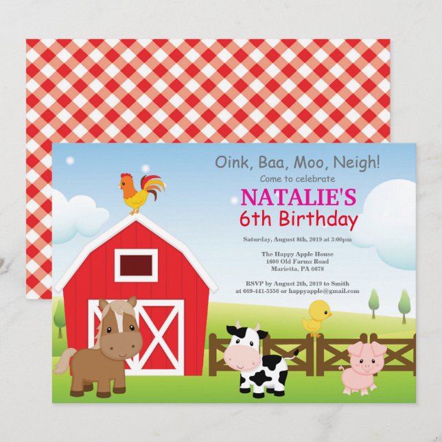 Invitation d'anniversaire de ferme Pays Barnyard P (Devant / Derrière)
