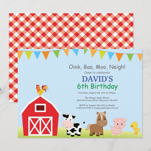 Invitation d'anniversaire de ferme Pays Barnyard P (Devant / Derrière)