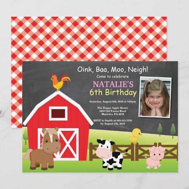Invitation d'anniversaire de ferme Pays Barnyard P (Devant / Derrière)