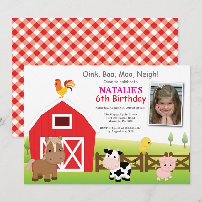 Invitation d'anniversaire de ferme Pays Barnyard P (Devant / Derrière)