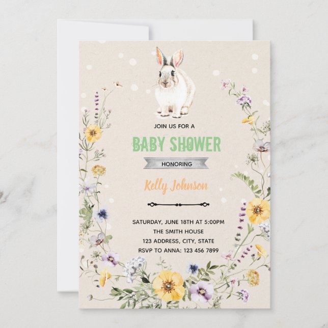Invitation d'anniversaire de fête de lapin de fleu (Devant)