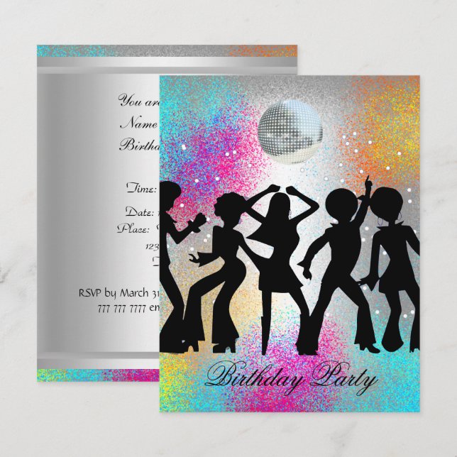 Invitation d'anniversaire de fête disco danse 1 (Devant / Derrière)