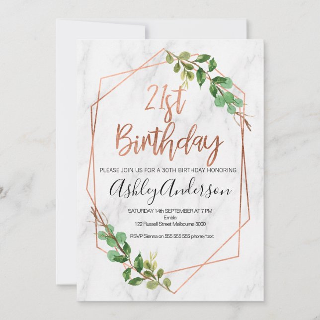 Invitation d'anniversaire de feuillage rose d'or (Devant)