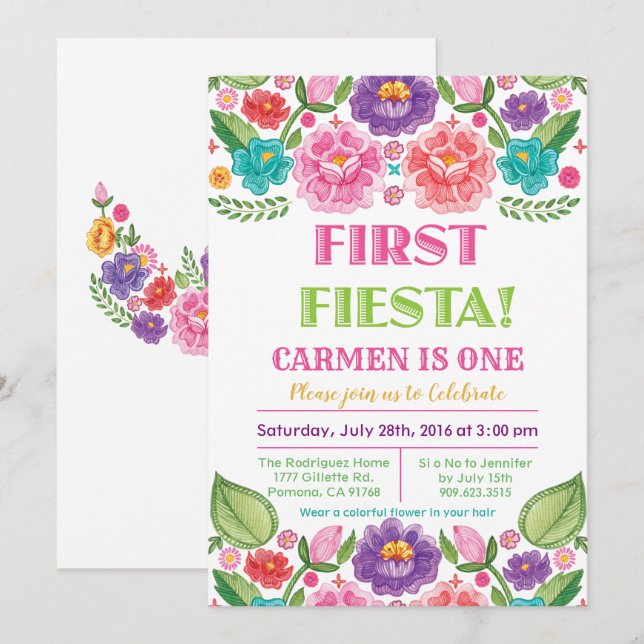Invitation d'anniversaire de Fiesta Floral (Devant / Derrière)