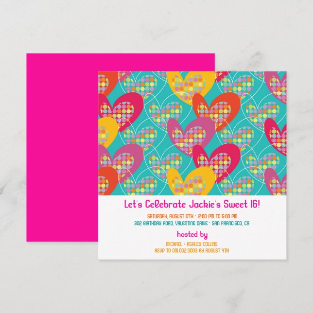 Invitation d'anniversaire de fille aux coeurs rétr (Devant / Derrière)
