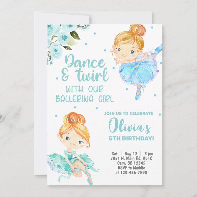 Invitation d'anniversaire de fille Ballerina, tour (Devant)