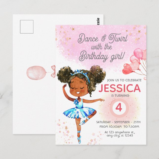 Invitation d'anniversaire de fille de ballet rose  (Devant / Derrière)