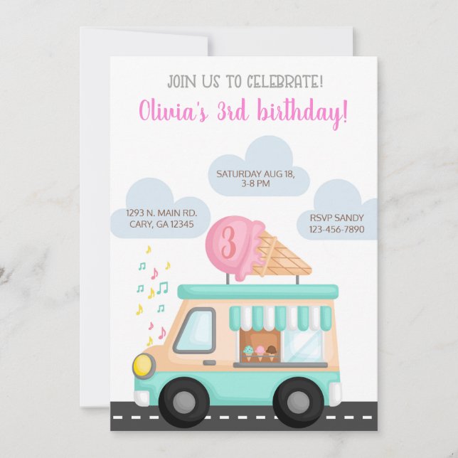 Invitation d'anniversaire de fille de camion crème (Devant)