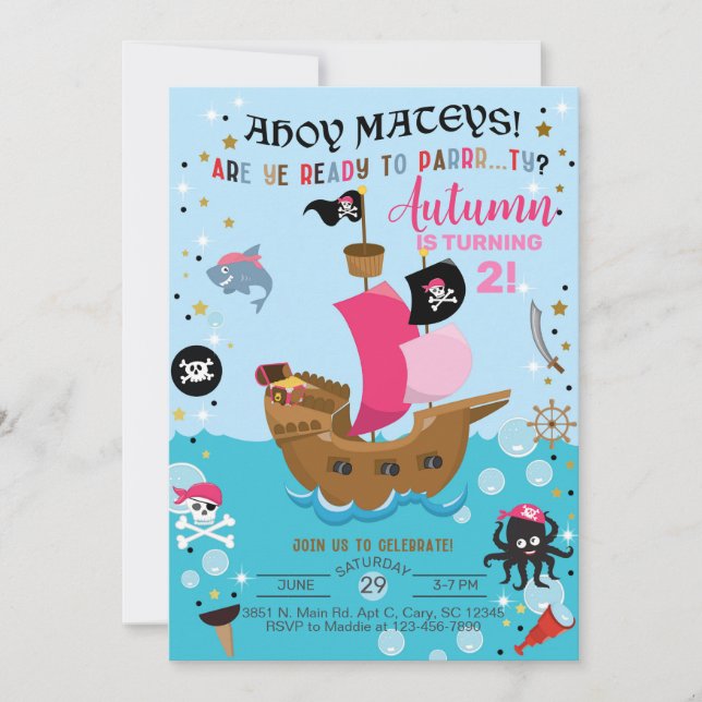 Invitation d'anniversaire de fille de navire pirat (Devant)