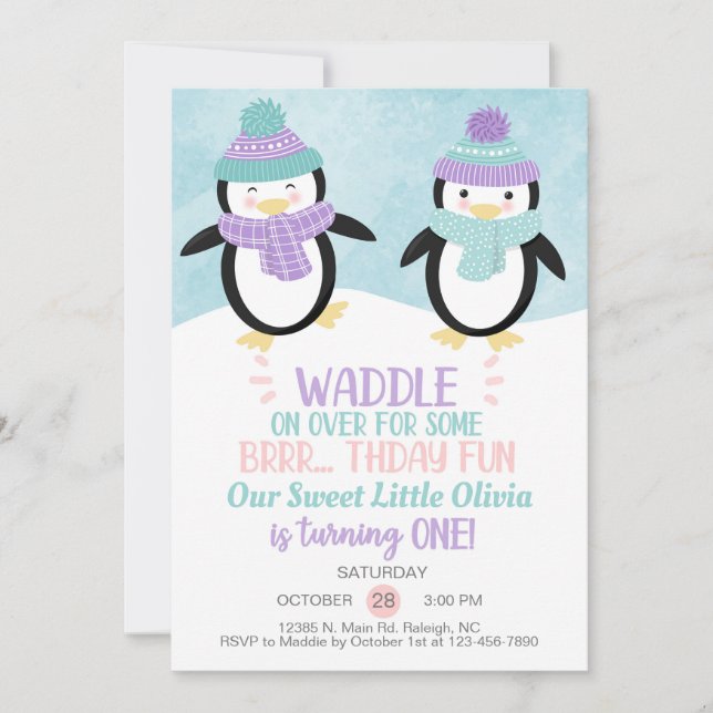Invitation d'anniversaire de fille de pingouins d' (Devant)