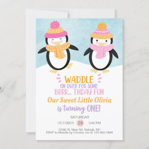 Invitation d'anniversaire de fille de pingouins d'