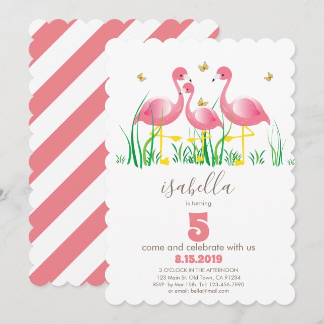 Invitation d'anniversaire de fille Flamant rose ro (Devant / Derrière)