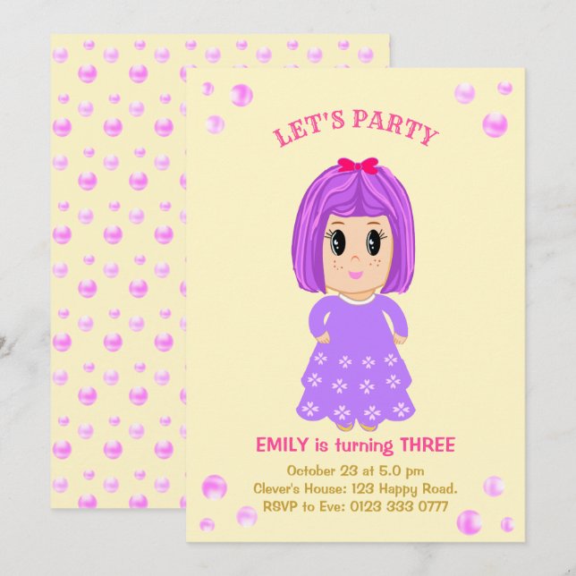 Invitation d'anniversaire de fille mignonne (Devant / Derrière)