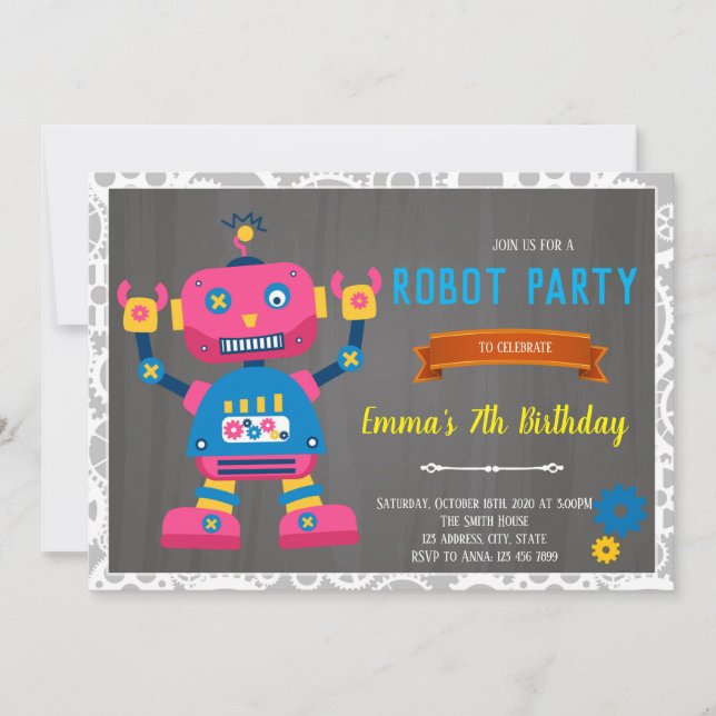 Invitation d'anniversaire de fille robot (Devant)