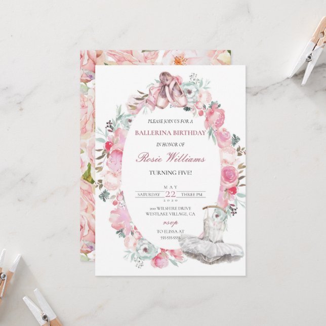 Invitation d'anniversaire de fille rose Ballerina (Devant/Arrière en situation)