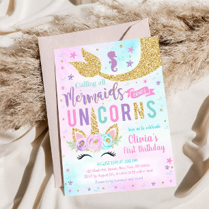 Invitation d'anniversaire de fille sirène licorne