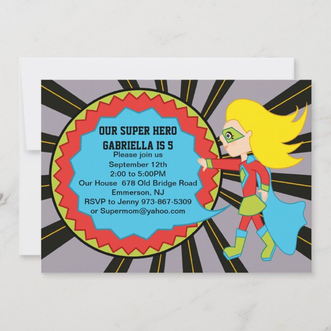 Invitation d'anniversaire de filles de superhéros (Devant)