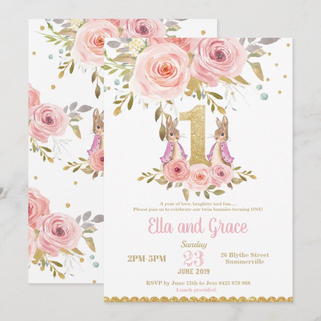 Invitation d'anniversaire de filles jumelles de (Devant / Derrière)