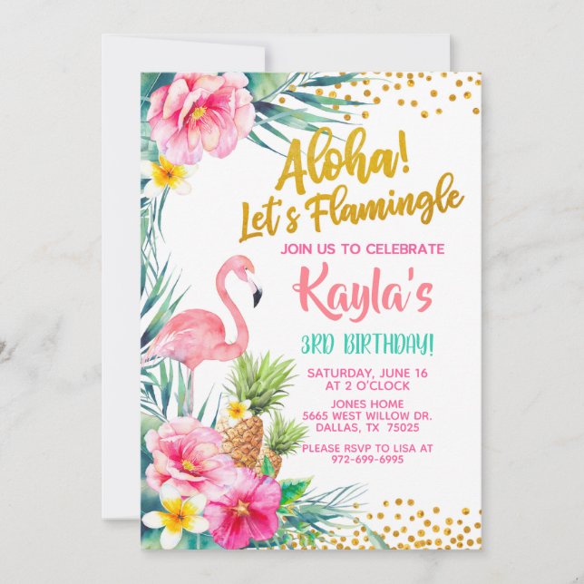 Invitation d'anniversaire de Flamant rose (Devant)